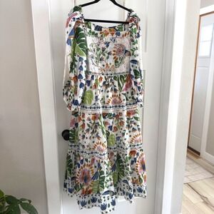 NWT Farm Rio Garden Embroidered Cotton Midi Dress Square Neck Lace Boho M